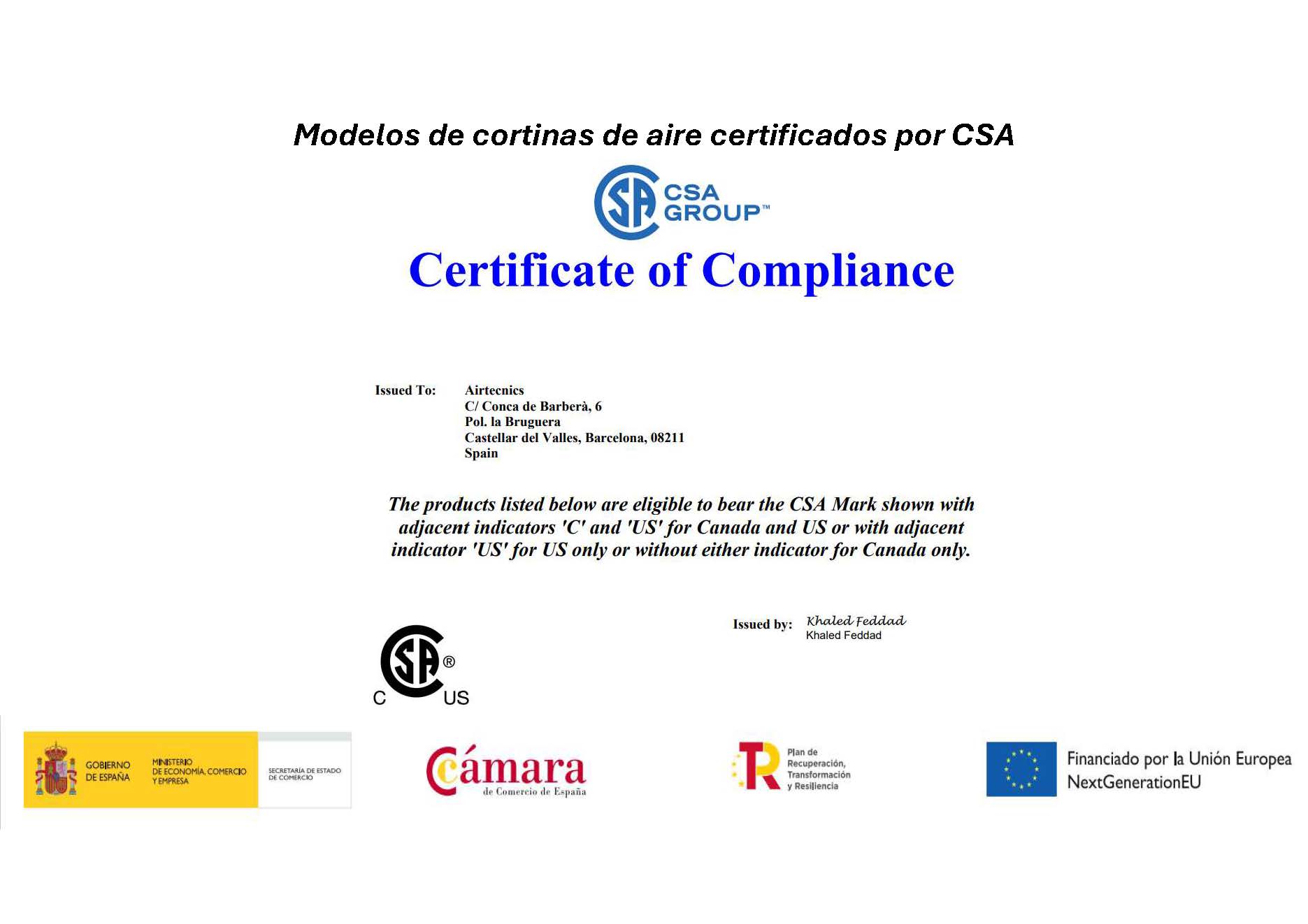 Certificación CSA para las cortinas de aire Airtècnics