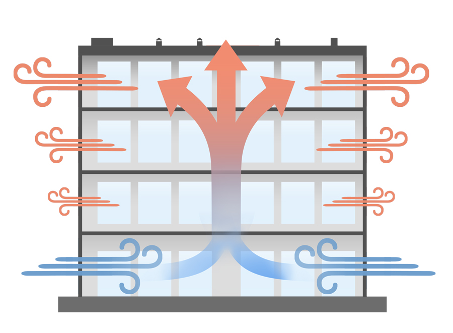 Infografia efecto chimenea en edificio de varias plantas